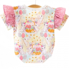 Custom all over digital print super soft and smooth organic cotton ruffle sleeve baby girls jumpsuit romper