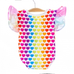 Custom rainbow printed high quality sewing boutique baby girl shower gift ruffled sleeve 100% cotton baby clothes onesie